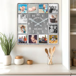 Rustic Grått Barn Wood Farmhouse 12 Photo Collage Fyrkantig Klocka<br><div class="desc">Rustic Grått Barn Wood Farmhouse 12 Photo Collage Square Wall Clock. Namn-år i stora,  vackra,  vita vintagar av trä av  med personlig har fastställt väggdäcksklockan. Träplattan i perfekt land letar efter ett hem eller ett kök.</div>