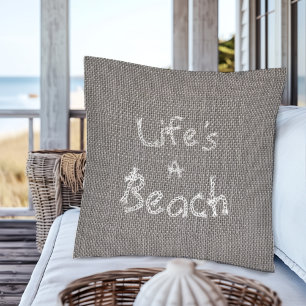 Rustic Grått Burlap Stil "Life's A Beach" Kudde