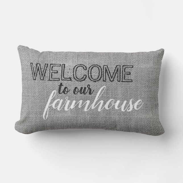 Rustic Grått Burlap Välkommen till vårt lantbruk Lumbarkudde (Framsida)