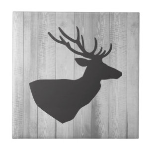 Rustic Grått Hjort Silhouette och Grått Barn Wood Kakelplatta