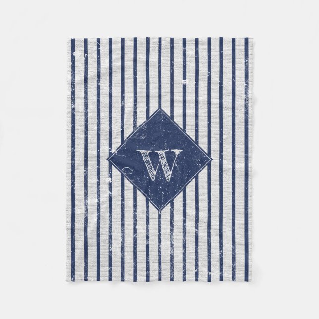 Rustic Grått Linen & Navy Blue Rand Monogram Fleecefilt (Framsidan)