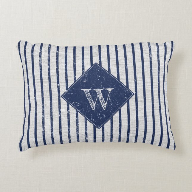 Rustic Grått Linen & Navy Blue Rand Monogram Prydnadskudde (Framsidan)