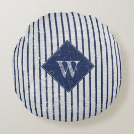 Rustic Grått Linen & Navy Blue Rand Monogram Rund Kudde