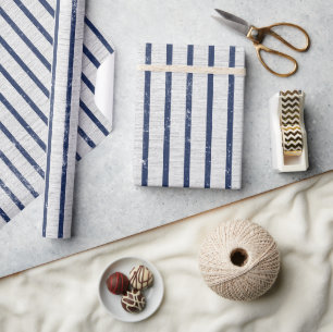 Rustic Grått Linen & Navy Blue Rand Mönster Presentpapper