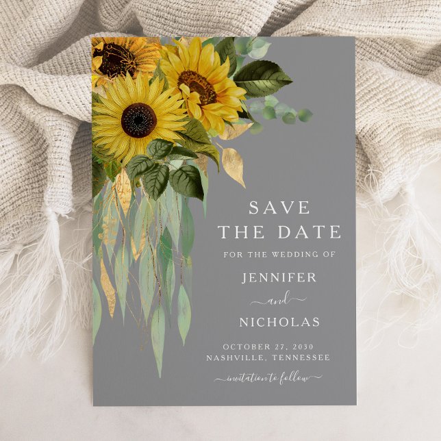 Rustic Grått Solblommor Blommigt Spara  på Datumet (Elegant Gray Sunflower Wedding Save The Date)