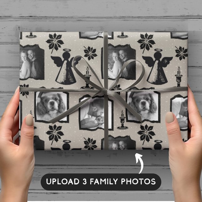 Rustic Grått Stamped Angel 3-familjfoto Presentpapper (Skapare uppladdad)