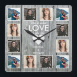 Rustic Grått Wood 12 Photo Collage Anniury Kärlek Fyrkantig Klocka<br><div class="desc">Personligens fotokollage klocka med kärlek-citatet "Det här är hur kärlek ser ut". Gör en unik gåva till bröllop-årsdagen,  valentines day och helgdagarna.</div>