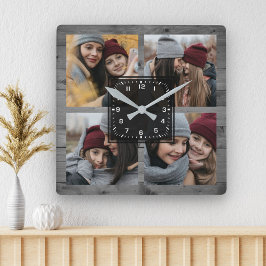 Rustic Grått Wood 4 Bilder Family Photo Collage Fyrkantig Klocka