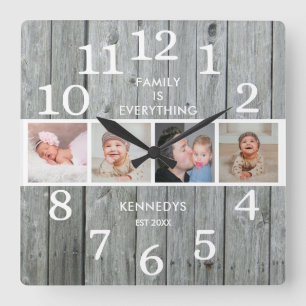 Rustic Grått Wood 4 Photo Family Farmhouse Fyrkantig Klocka