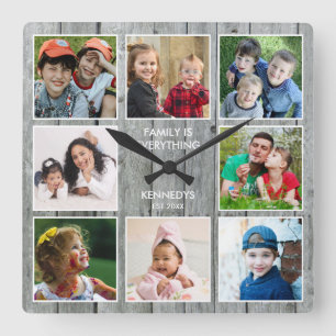 Rustic Grått Wood 8 Photo Collage Family Quote Fyrkantig Klocka