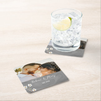 Rustic Grått Wood Anpassningsbar Photo Bröllop Und Underlägg Papper Kvadrat