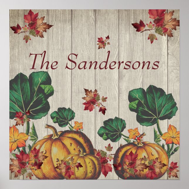 Rustic Grått Wood Autumn Orange Pumpkins Fall Lämn Poster (Framsidan)