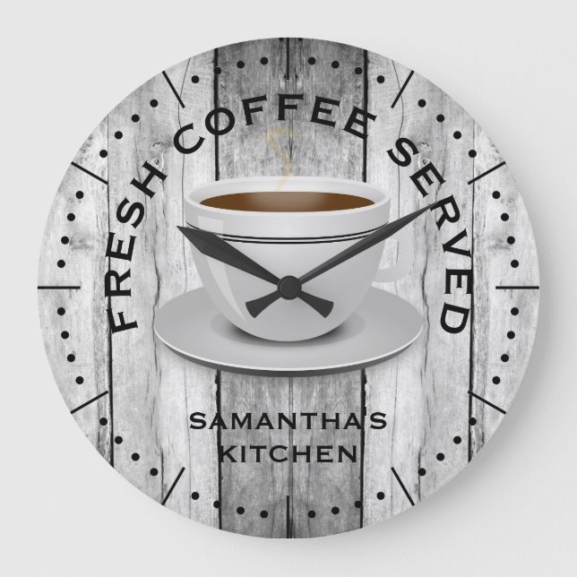 Rustic Grått Wood Coffee Theme Farmhouse Kitchen Stor Klocka (Framsida)