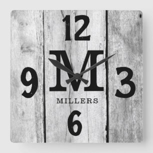 Rustic Grått Wood Family Namn Monogram Farmhouse Fyrkantig Klocka