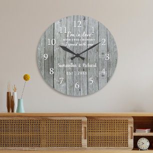 Rustic Grått Wood Kärlek Citote Bröllop-årsdag Stor Klocka