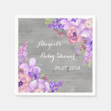 Rustic Grått Wood Lila Blommigt Baby Shower Napkin
