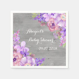 Rustic Grått Wood Lila Blommigt Baby Shower Napkin Pappersservett