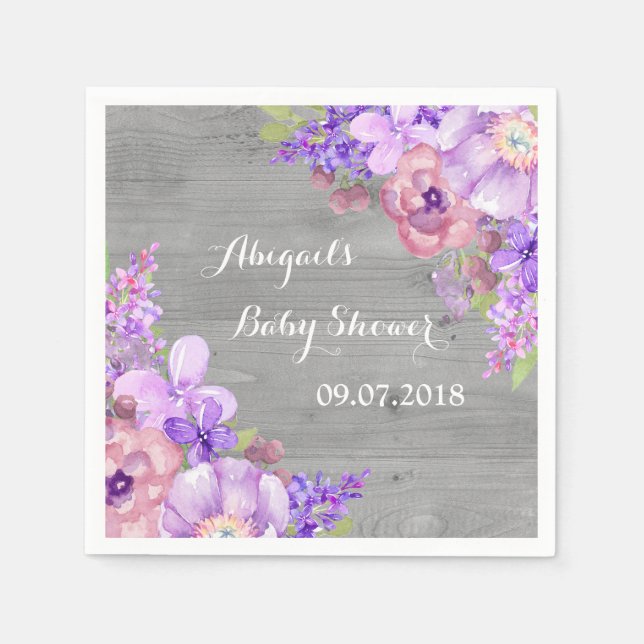 Rustic Grått Wood Lila Blommigt Baby Shower Napkin Pappersservett (Framsidan)
