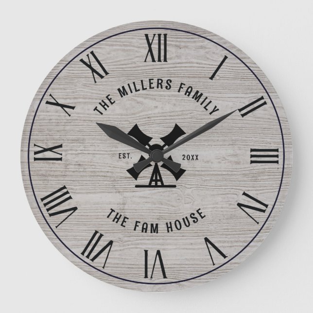 Rustic Grått Wood Struktur Fam House Roman Numeral Stor Klocka (Framsida)