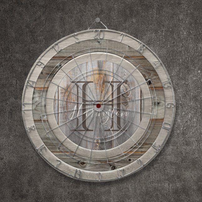 Rustic Grått Wood Tone Monogram Darttavla (Skapare uppladdad)