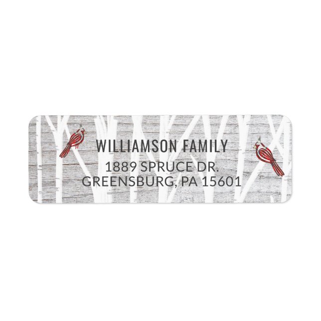 Rustic Grått Wood Winter Birch Träd & Red Kardinal Returadress Etikett (Framsidan)