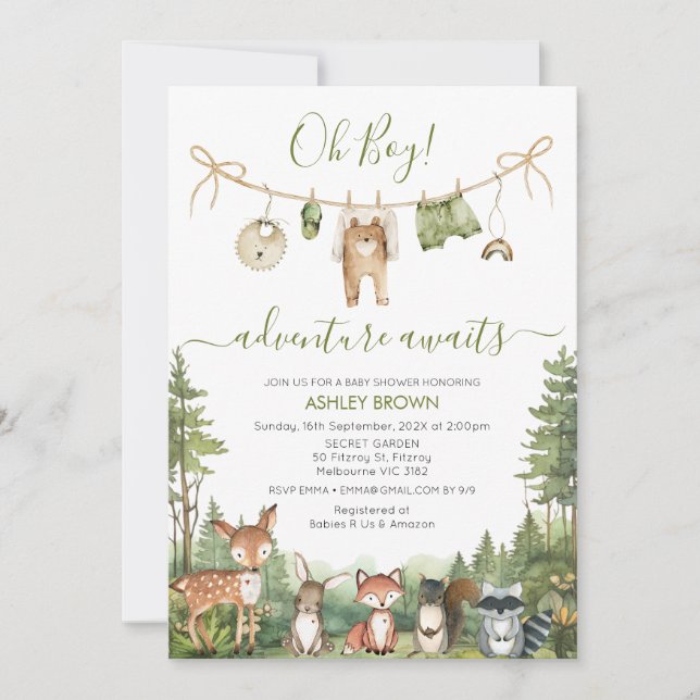 Rustic Green Adventure Awaits Baby Shower  Inbjudningar (Framsida)