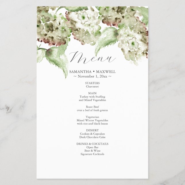 Rustic Green Hydrangea Wedding Decor Menus Flygblad (Framsidan)