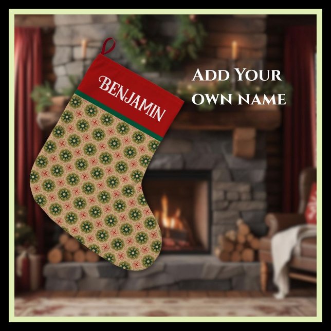 Rustic Green Pine Needles and Red Lace Stor Julstrumpa (Skapare uppladdad)