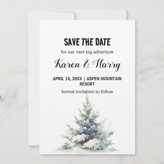 Rustic Green Pine Tree Snow Save The Date Outdoor Inbjudningar (Framsida)