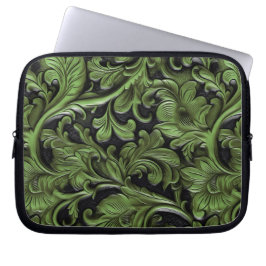 Rustic green tooled leather  laptop fodral