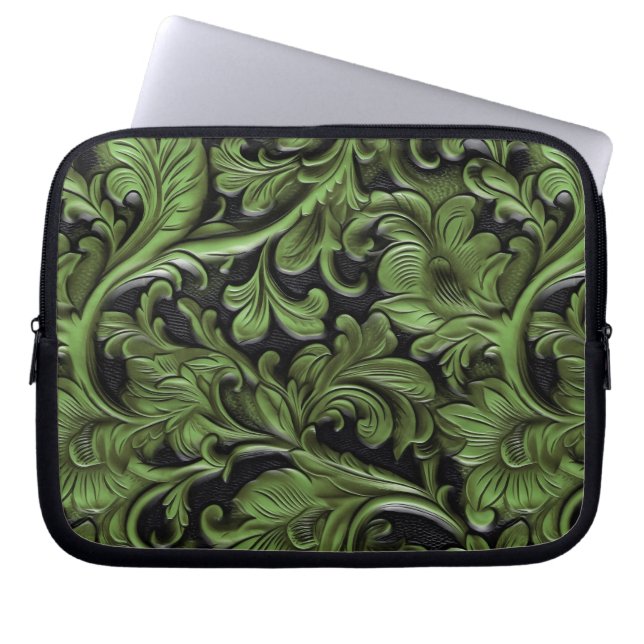 Rustic green tooled leather  laptop fodral (Framsidan)