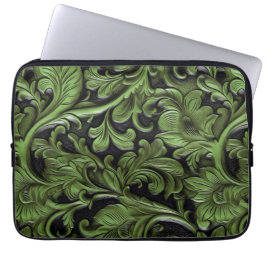 Rustic green tooled leather  laptop fodral