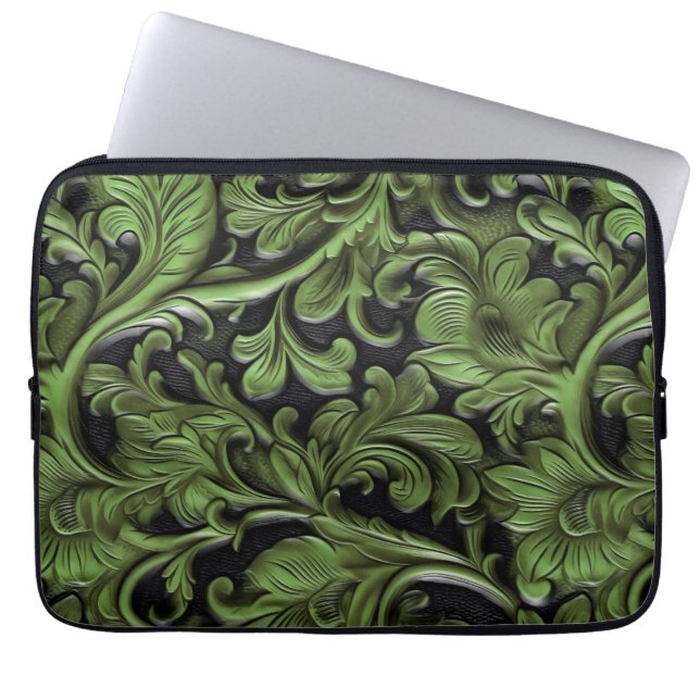 Rustic green tooled leather  laptop fodral (Framsidan)