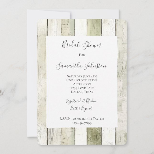 Rustic Green White Faux Wood Bridal Shower Inbjudningar (Framsida)