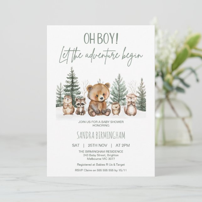 Rustic Green Woodland Adventure Begin Baby Shower Inbjudningar (Stående Fram)