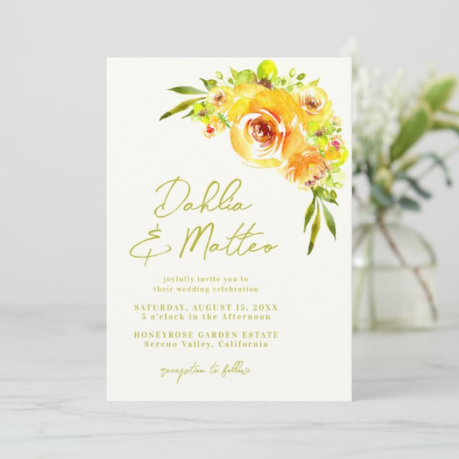 Rustic Green Yellow Floral Handwritten Wedding Inbjudningar (Stående Fram)