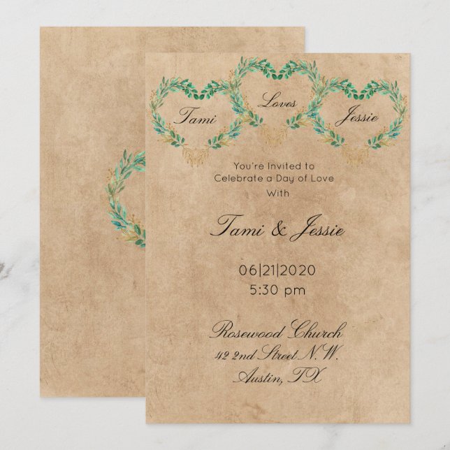 Rustic Greenery Antique Heart Benice Bröllop Inbjudningar (Fram/baksida)