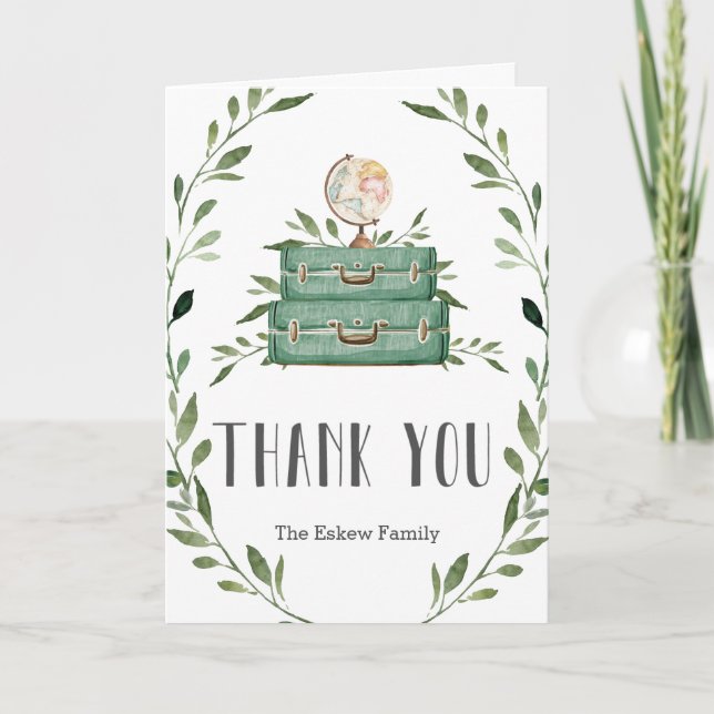 Rustic Greenery Äventyr Baby Shower Suitcase Tha Tack Kort (Framsida)