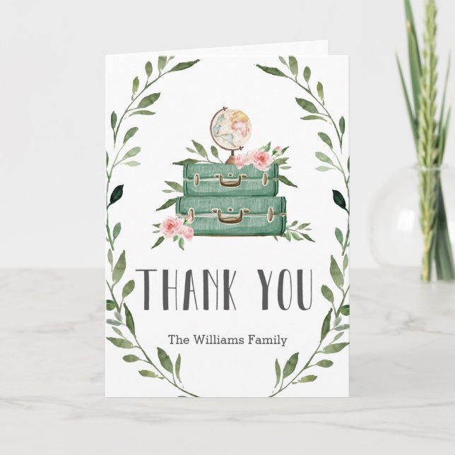 Rustic Greenery Äventyr Baby Shower Suitcases Tack Kort (Framsida)