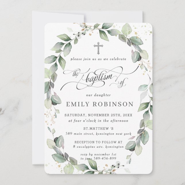 Rustic Greenery Botanical Wandecal Silver Baptism Inbjudningar (Framsida)