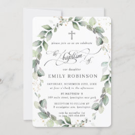 Rustic Greenery Botanical Wandecal Silver Baptism Inbjudningar