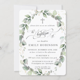 Rustic Greenery Botanical Wandecal Silver Baptism Inbjudningar