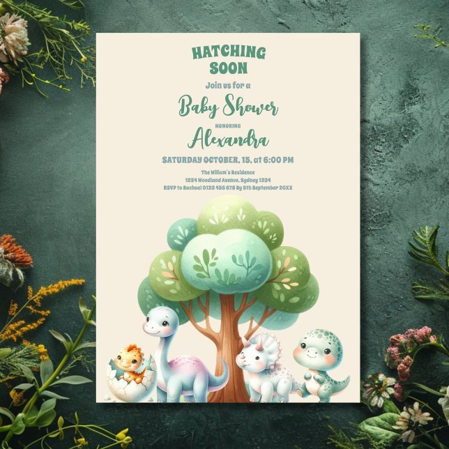 Rustic Greenery Cute Teal Dinosaur Baby Shower Inbjudningar (Skapare uppladdad)