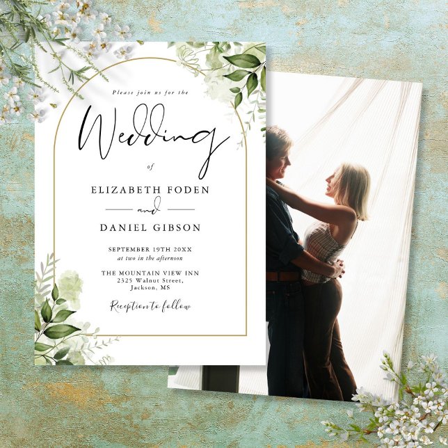 Rustic Greenery Elegant Guld Arch Photo Bröllop Inbjudningar (Rustic Greenery Elegant Gold Arch Photo Wedding Invitation)