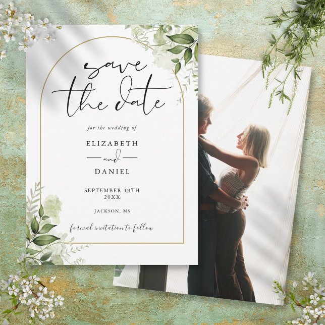 Rustic Greenery Elegant Guld Arch Photo Bröllop Spara Datumet (Rustic Greenery Elegant Gold Arch Photo Wedding Save The Date)