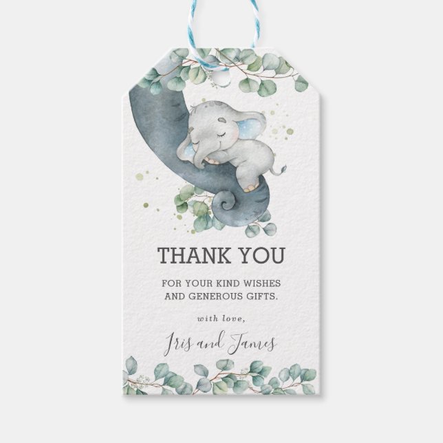 Rustic Greenery Elephant Boy Shower Tack Presentetikett (Framsidan)