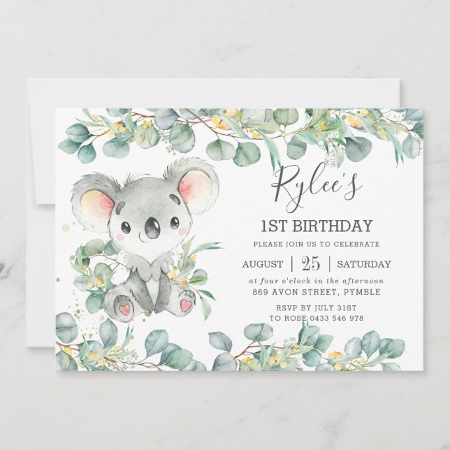 Rustic Greenery Eucalyptus Cute Koala Birthday Inbjudningar (Framsida)