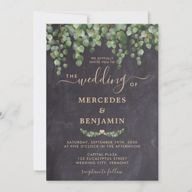 Rustic Greenery Eucalyptus Guld Chalkboard Bröllop Inbjudningar (Framsida)