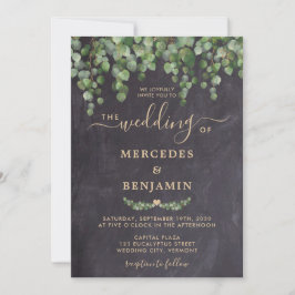 Rustic Greenery Eucalyptus Guld Chalkboard Bröllop Inbjudningar