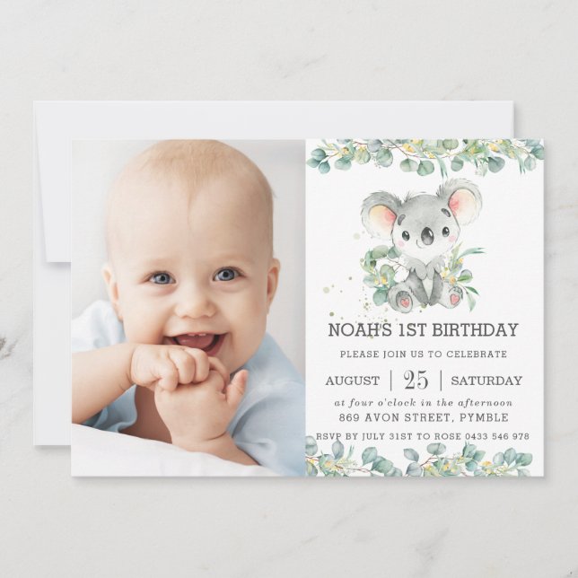 Rustic Greenery Eucalyptus Koala Birthday Photo Inbjudningar (Framsida)